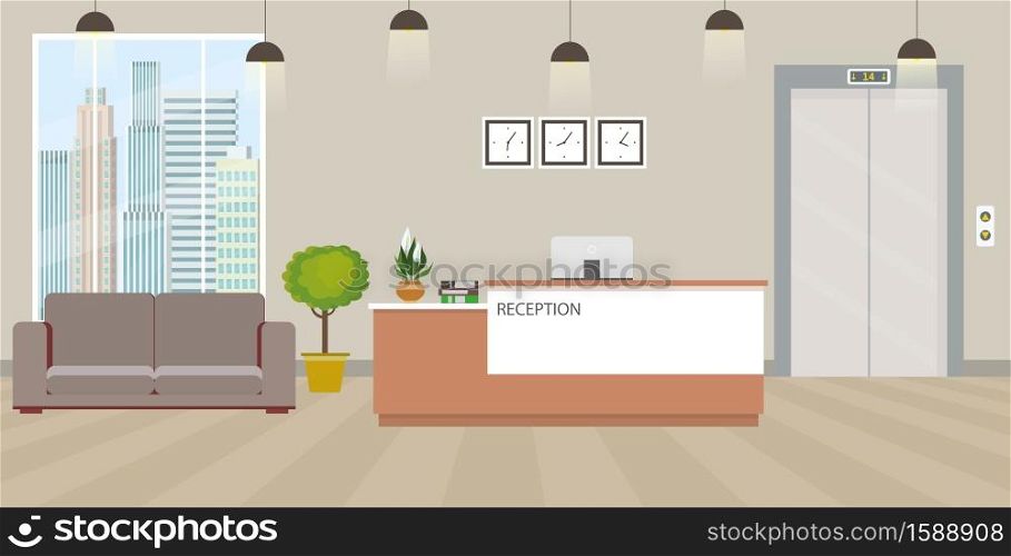 Modern empty reception interior with furniture.cartoon vector illustration. Modern empty reception interior with furniture