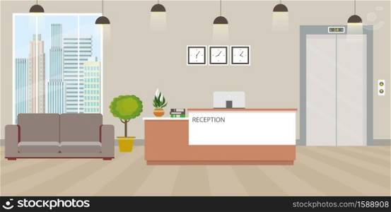Modern empty reception interior with furniture.cartoon vector illustration. Modern empty reception interior with furniture