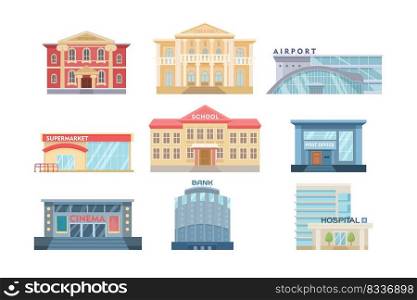 Modern exteriors of city buildings set. Vector illustrations of houses with facades. Cartoon museum hospital school supermarket airport cinema post office isolated on white. Cityscape, urban concept. Modern exteriors of city buildings set