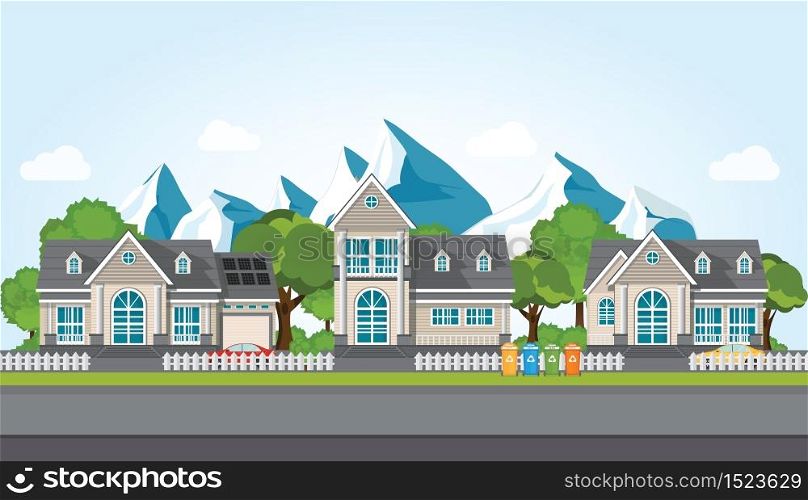 Modern family house on mountain against the blue sky background, Village landscape, real estate Vector illustration in flat style.