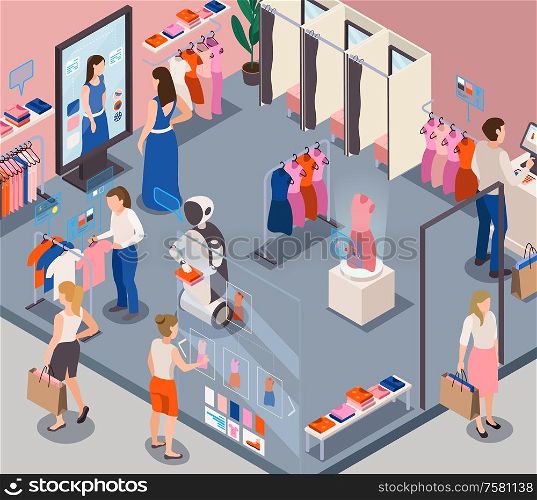 Modern fashion store retail service robots providing personal customer assistance recommending clothing choices isometric composition vector illustration