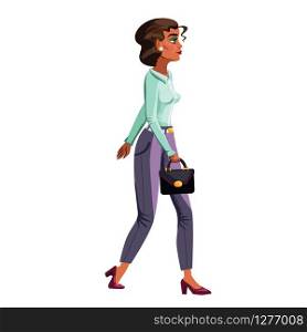 Modern fashionable woman walks with bag in hand cartoon vector illustration. Female character in modern urban style clothing, human person isolated on white background. Modern fashionable woman cartoon illustration