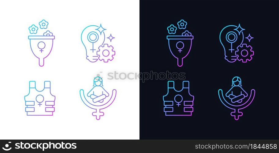 Modern feminism gradient icons set for dark and light mode. Fulfill female potential. Thin line contour symbols bundle. Isolated vector outline illustrations collection on black and white. Modern feminism gradient icons set for dark and light mode