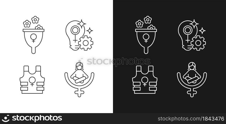 Modern feminism linear icons set for dark and light mode. Support women wellbeing. Fulfill female potential. Customizable thin line symbols. Isolated vector outline illustrations. Editable stroke. Modern feminism linear icons set for dark and light mode