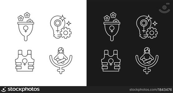 Modern feminism linear icons set for dark and light mode. Support women wellbeing. Fulfill female potential. Customizable thin line symbols. Isolated vector outline illustrations. Editable stroke. Modern feminism linear icons set for dark and light mode
