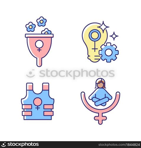 Modern feminism RGB color icons set. Support women wellbeing. Fulfill female potential. Promoting safety. Women empowerment. Isolated vector illustrations. Simple filled line drawings collection. Modern feminism RGB color icons set