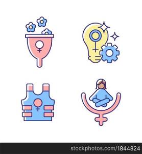 Modern feminism RGB color icons set. Support women wellbeing. Fulfill female potential. Promoting safety. Women empowerment. Isolated vector illustrations. Simple filled line drawings collection. Modern feminism RGB color icons set