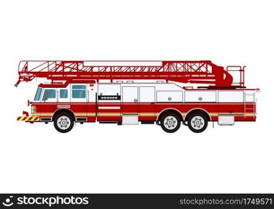 Modern fire engine. Turntable ladder fire truck. Side view. Flat vector.