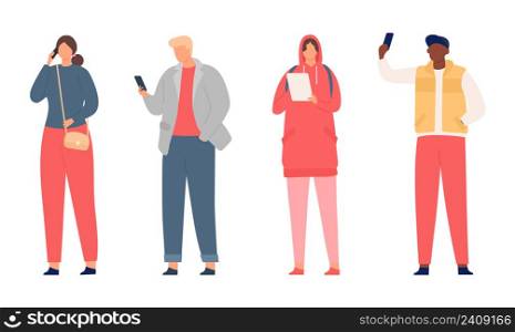 Modern flat characters, young man and woman holding smartphones. Boy taking selfie photo, girl talking on mobile phone. People in casual outfit with gadgets, person with tablet vector set. Modern flat characters, young man and woman holding smartphones. Boy taking selfie photo, girl talking on mobile phone