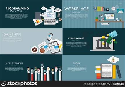 Modern Flat Design Banner for your Business with Programming, Modern Workplace, Online News, Internet Banking, Mobile Services and E-Book Vector Illustration EPS10