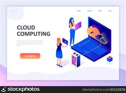 Modern flat design isometric concept of Cloud Technology decorated people character for website and mobile website development. Isometric landing page template. Vector illustration.