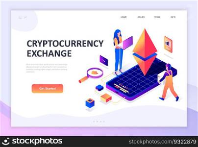 Modern flat design isometric concept of Cryptocurrency Exchange decorated people character for website and mobile website development. Isometric landing page template. Vector illustration.