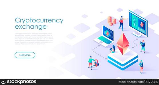Modern flat design isometric concept of Cryptocurrency Exchange for banner and website. Isometric landing page template. Virtual cash transaction, cryptocurrency concept. Vector illustration.