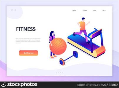 Modern flat design isometric concept of Fitness decorated people character for website and mobile website development. Isometric landing page template. Vector illustration.