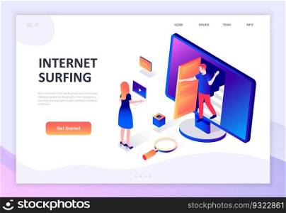 Modern flat design isometric concept of Internet Surfing decorated people character for website and mobile website development. Isometric landing page template. Vector illustration.