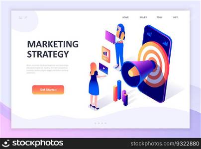 Modern flat design isometric concept of Marketing Strategy decorated people character for website and mobile website development. Isometric landing page template. Vector illustration.