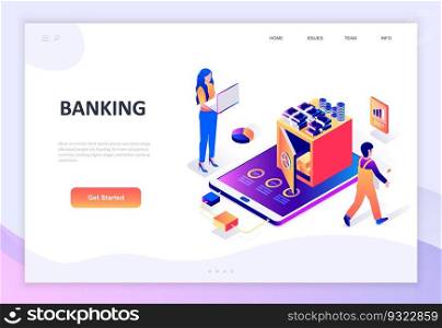 Modern flat design isometric concept of Online Banking decorated people character for website and mobile website development. Isometric landing page template. Vector illustration.