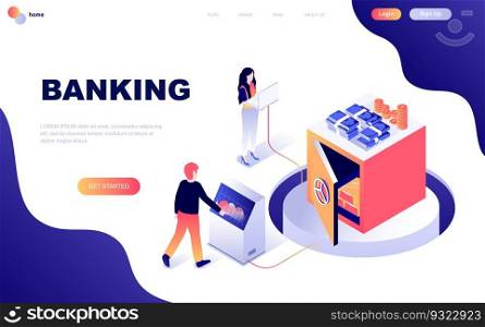 Modern flat design isometric concept of Online Banking decorated people character for website and mobile website development. Isometric landing page template. Vector illustration.