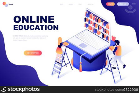 Modern flat design isometric concept of Online Education decorated people character for website and mobile website development. Isometric landing page template. Vector illustration.