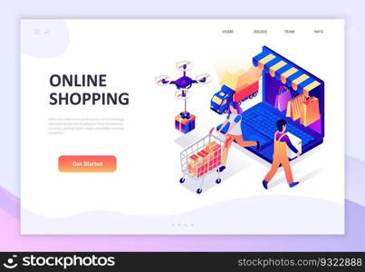 Modern flat design isometric concept of Online Shopping decorated people character for website and mobile website development. Isometric landing page template. Vector illustration.