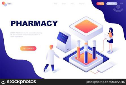 Modern flat design isometric concept of Pharmacist in Pharmacy decorated people character for website and mobile website development. Isometric landing page template. Vector illustration.