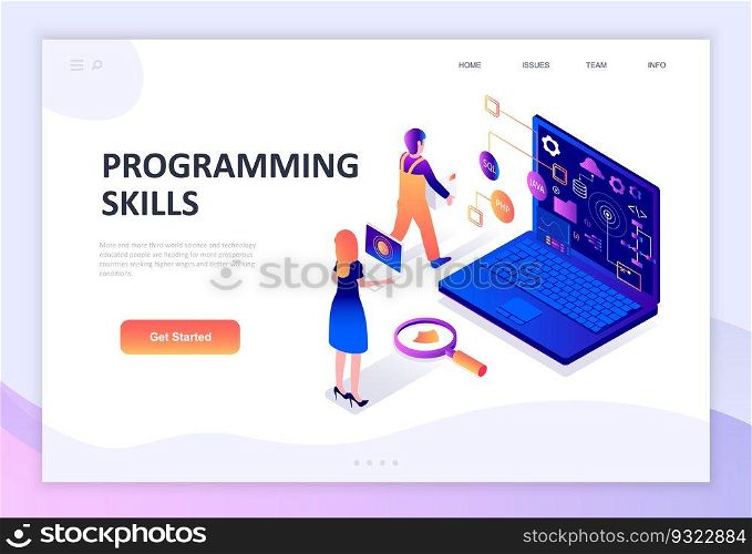 Modern flat design isometric concept of Programming Skills decorated people character for website and mobile website development. Isometric landing page template. Vector illustration.