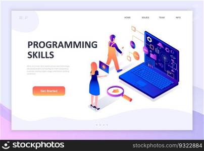 Modern flat design isometric concept of Programming Skills decorated people character for website and mobile website development. Isometric landing page template. Vector illustration.