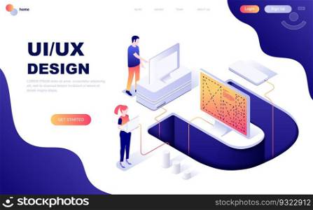Modern flat design isometric concept of UX, UI Design decorated people character for website and mobile website development. Isometric landing page template. Vector illustration.