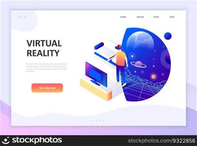 Modern flat design isometric concept of Virtual Augmented Reality decorated people character for website and mobile website development. Isometric landing page template. Vector illustration.