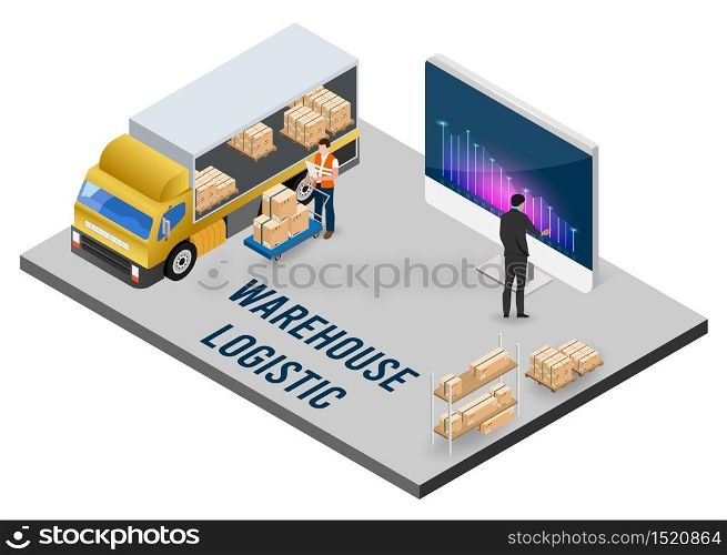 Modern flat design isometric concept of Warehouse Logistic with Workers loading products on the trucks and forklift loading pallets with cardboard boxes. Vector illustration.