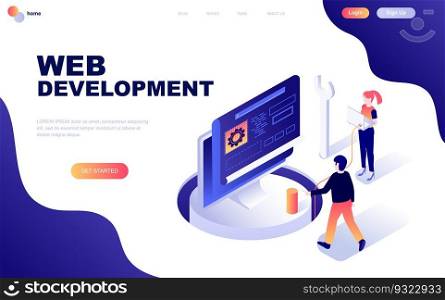 Modern flat design isometric concept of Web Development decorated people character for website and mobile website development. Isometric landing page template. Vector illustration.