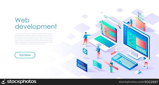 Modern flat design isometric concept of Web Development for banner and website. Isometric landing page template. Teamwork project, web agency and new company project. Vector illustration.
