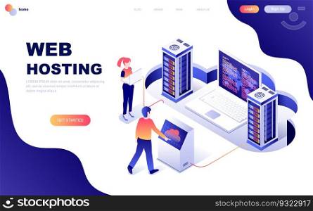 Modern flat design isometric concept of Web Hosting decorated people character for website and mobile website development. Isometric landing page template. Vector illustration.