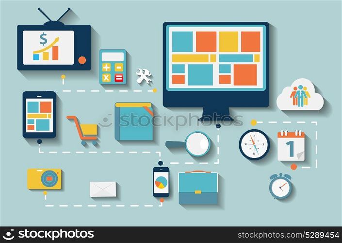 Modern Flat Icon Set for Web and Mobile Application With Computer and Connected Mobile Devices in Stylish Colors Vector illustration.