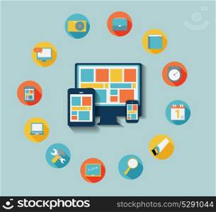 Modern Flat Icon Set for Web and Mobile Application With Computer and Connected Mobile Devices in Stylish Colors Vector illustration