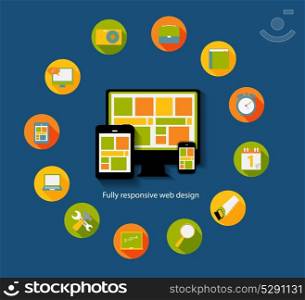 Modern Flat Icon Set for Web and Mobile Application With Computer and Connected Mobile Devices in Stylish Colors Vector illustration. Modern Flat Icon Set for Web