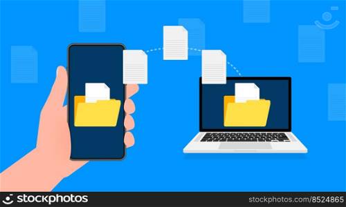 Modern flat icon with file transfer on blue background. Document icon vector. Isometric vector. Modern flat icon with file transfer on blue background. Document icon vector. Isometric vector.