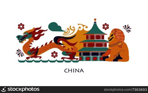 Modern flat illustration with China for tourist booklet design. Sights Of China. Chinese dragon. Flat design, vector illustration. Architectural element. Symbol of travel.. Modern flat illustration with China for tourist booklet design. Flat design, vector illustration. Architectural element. Symbol of travel.