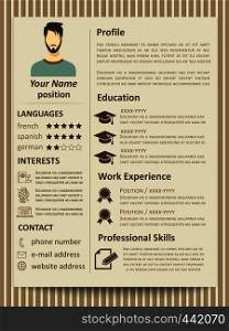 Modern flat male resume tempate with design elements. Vector of resume for business company illustration. Modern flat male resume tempate with design elements