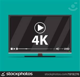 Modern flat screen tv with ultra high definition, 4k screen format. Tv with online player. Led television display. Vector illustration in flat style. Modern flat screen tv