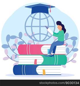 Modern flat vector illustration for banner. women sitting reading on a pile of books and a globe in a graduation cap. The concept of global education, study abroad, international schools.
