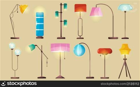 Modern floor lamps, stylish electric lights for home or office interior. Vector cartoon set of illumination accessory with lampshades for living room or bedroom decor isolated on background. Modern floor lamps, stylish lights for interior