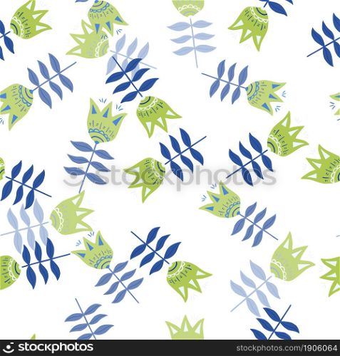 Modern flower folk art seamless pattern isolated on white background. Floral nature wallpaper. Folklore style. For fabric design, textile print, wrapping, cover. Simple vector illustration.. Modern flower folk art seamless pattern isolated on white background.