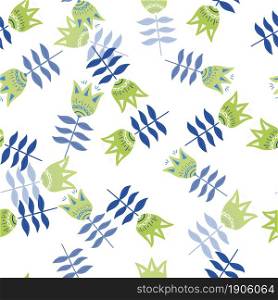 Modern flower folk art seamless pattern isolated on white background. Floral nature wallpaper. Folklore style. For fabric design, textile print, wrapping, cover. Simple vector illustration.. Modern flower folk art seamless pattern isolated on white background.