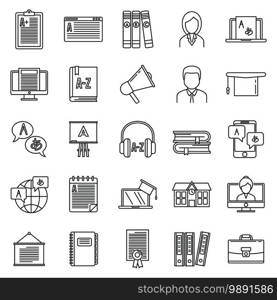 Modern foreign language teacher icons set. Outline set of modern foreign language teacher vector icons for web design isolated on white background. Modern foreign language teacher icons set, outline style