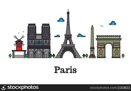 Modern france travel line landmark, paris panorama vector illustration. French eiffel tower, famous place notre dame and french triumphal arc. Modern france travel line landmark, paris panorama vector illustration
