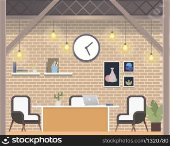 Modern Freelance Coworking Workplace Loft Style. Creative Freelance Company, Cozy Open Space Office Design with Brick Wall. Shared Work Area for Freelancer. Flat Cartoon Vector Illustration. Modern Freelance Coworking Workplace Loft Style