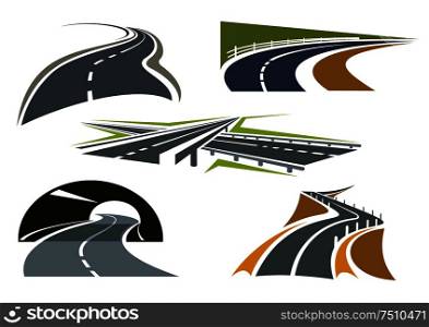 Modern freeway icons with overpass interchange, highway tunnel, bypass rural roads and mountain road over precipice. For travel or car trip design. Road, freeway and highway icons set