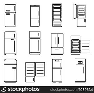 Modern fridge icons set. Outline set of modern fridge vector icons for web design isolated on white background. Modern fridge icons set, outline style