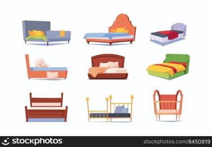 Modern furniture. Blanket cartoon beds for relax time modern colored sofa garish vector soft furniture. Collection of bed for room interior and apartment illustration. Modern furniture. Blanket cartoon beds for relax time modern colored sofa garish vector soft furniture